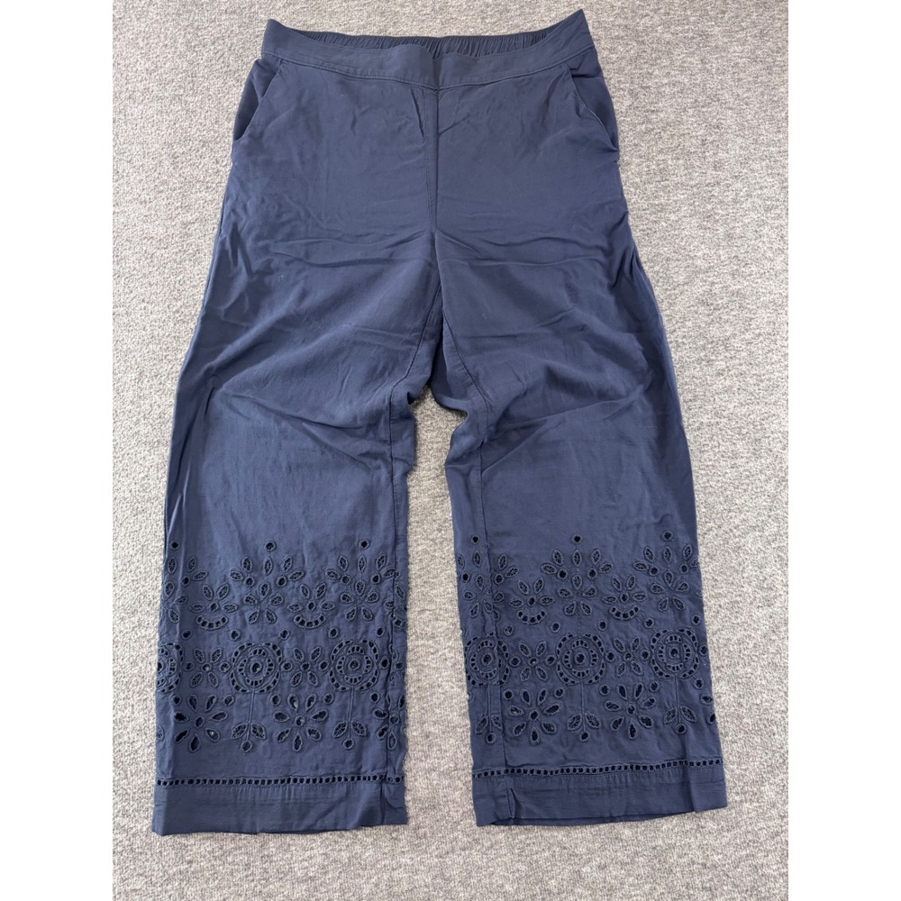 LOFT Womens Navy Blue Eyelet Hem Wide Leg Crop Pants Size M Viscose Pull On - Picture 1 of 9